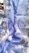 Periwinkle blue pure organza silk saree with mirror hand embridery. - 1