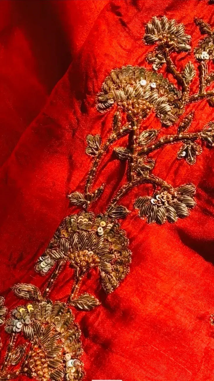 The red pure mulberry silk saree with zardozi hand embroidery - 2