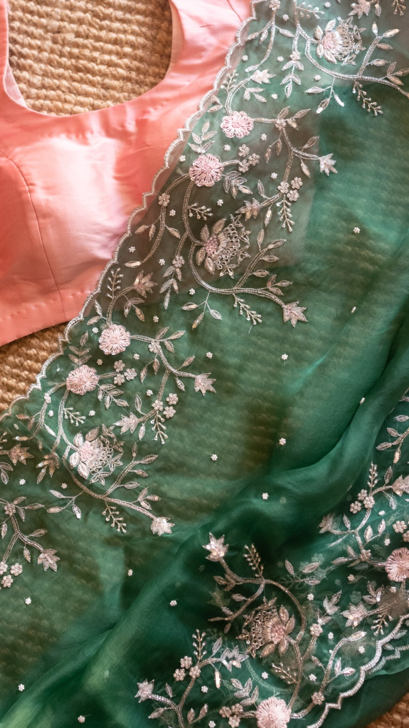 bottle green : Pure organza silk saree with zardozi, resham and cutdana hand embroidery - 1