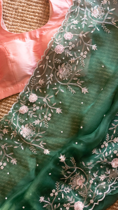 bottle green : Pure organza silk saree with zardozi, resham and cutdana hand embroidery - 1