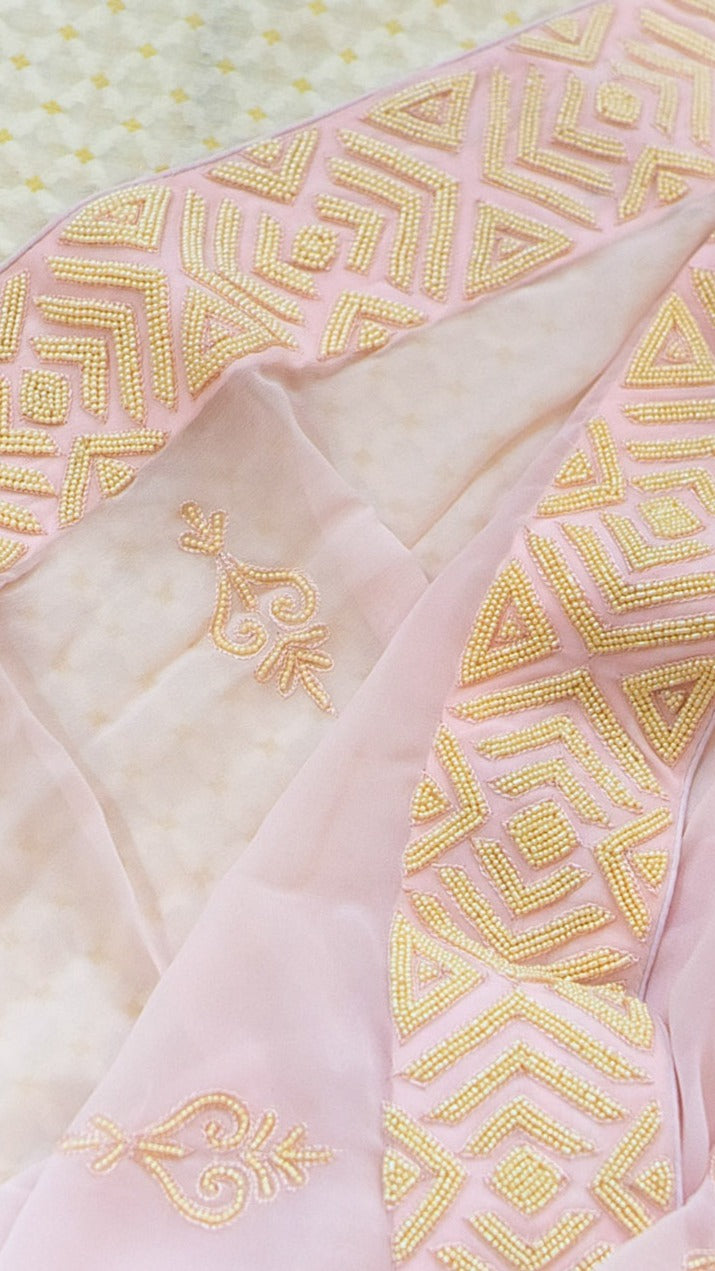 Peach Moti: Premium georgette saree with pearl hand embroidery - 1