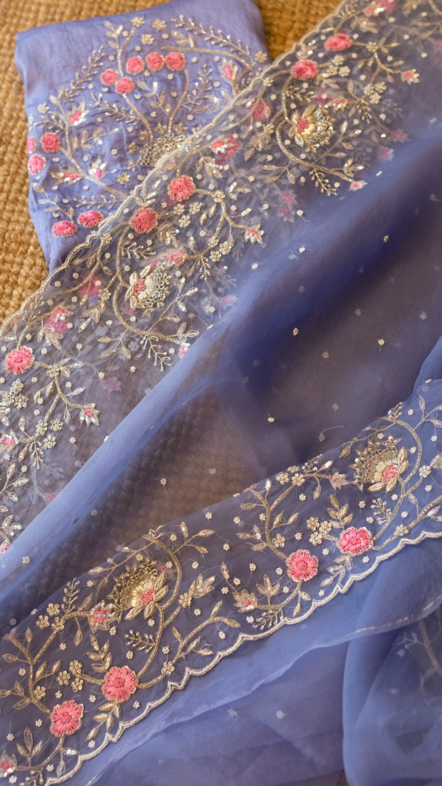 Perwinkle Sadabahar : Pure organza silk saree with zardozi and resham hand embroidery - 1