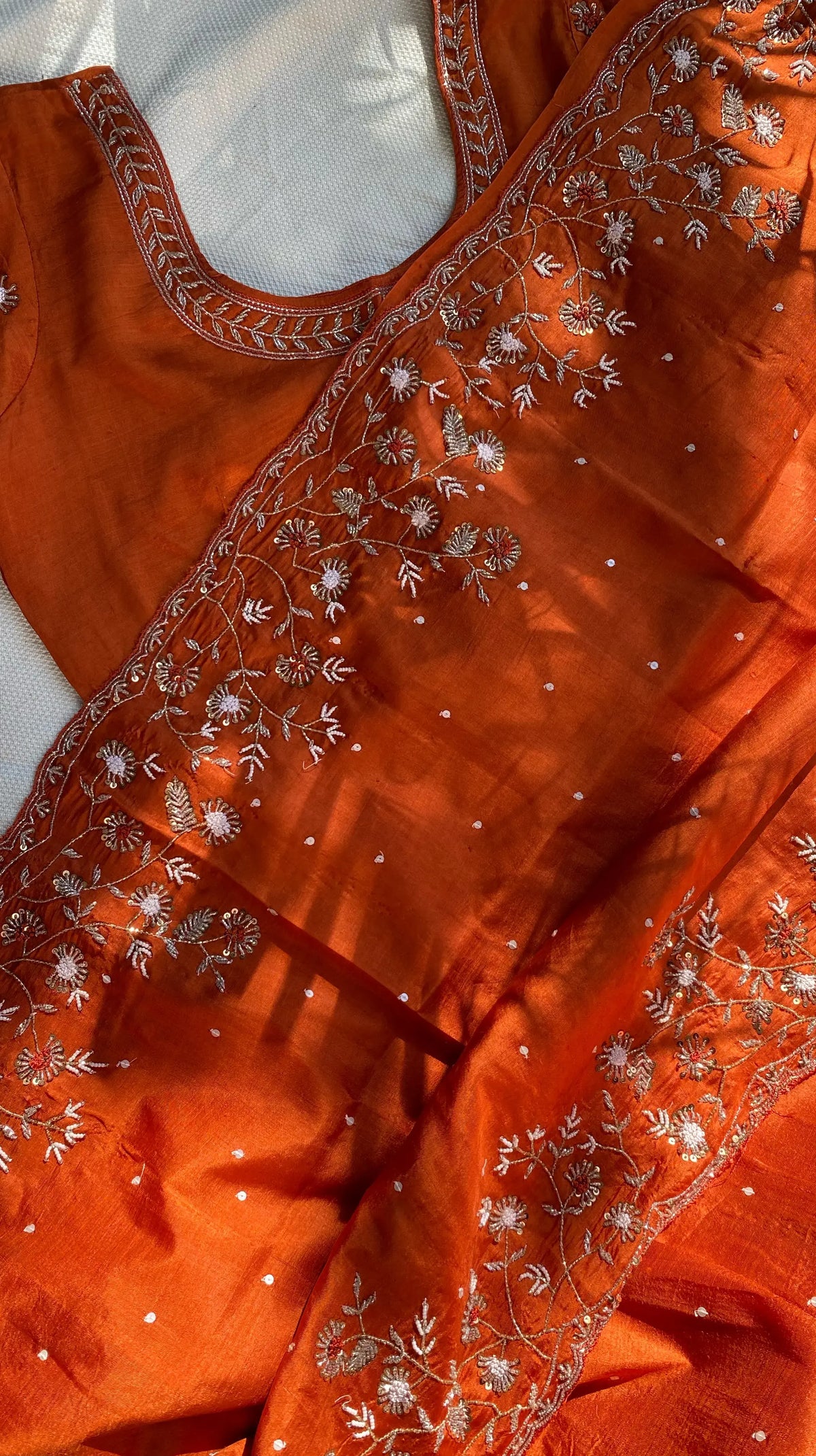 Rust orange pure mulberry silk saree with cutdana and resham french knots hand embroidery - 1