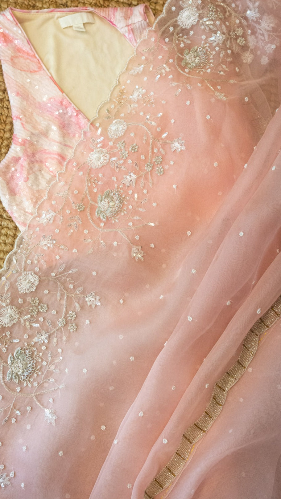 Peach Blush :Pure Organza silk saree with zardozi and resham hand embroidery - 1