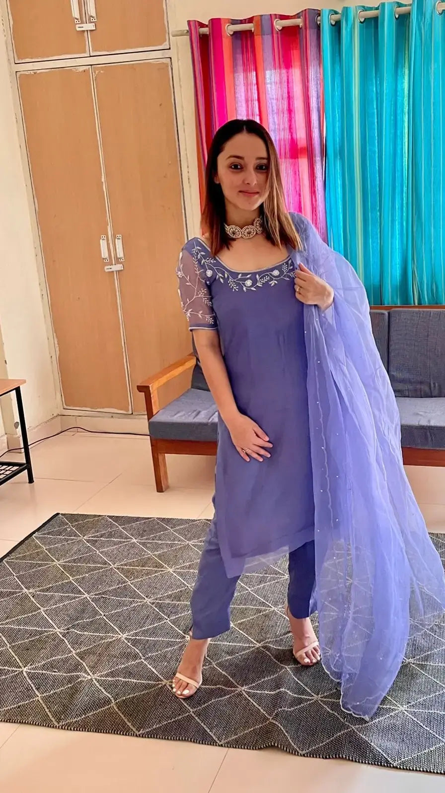 Periwinkle pure organza silk semi stitched kurta and dupatta set with hand embroidery - 2