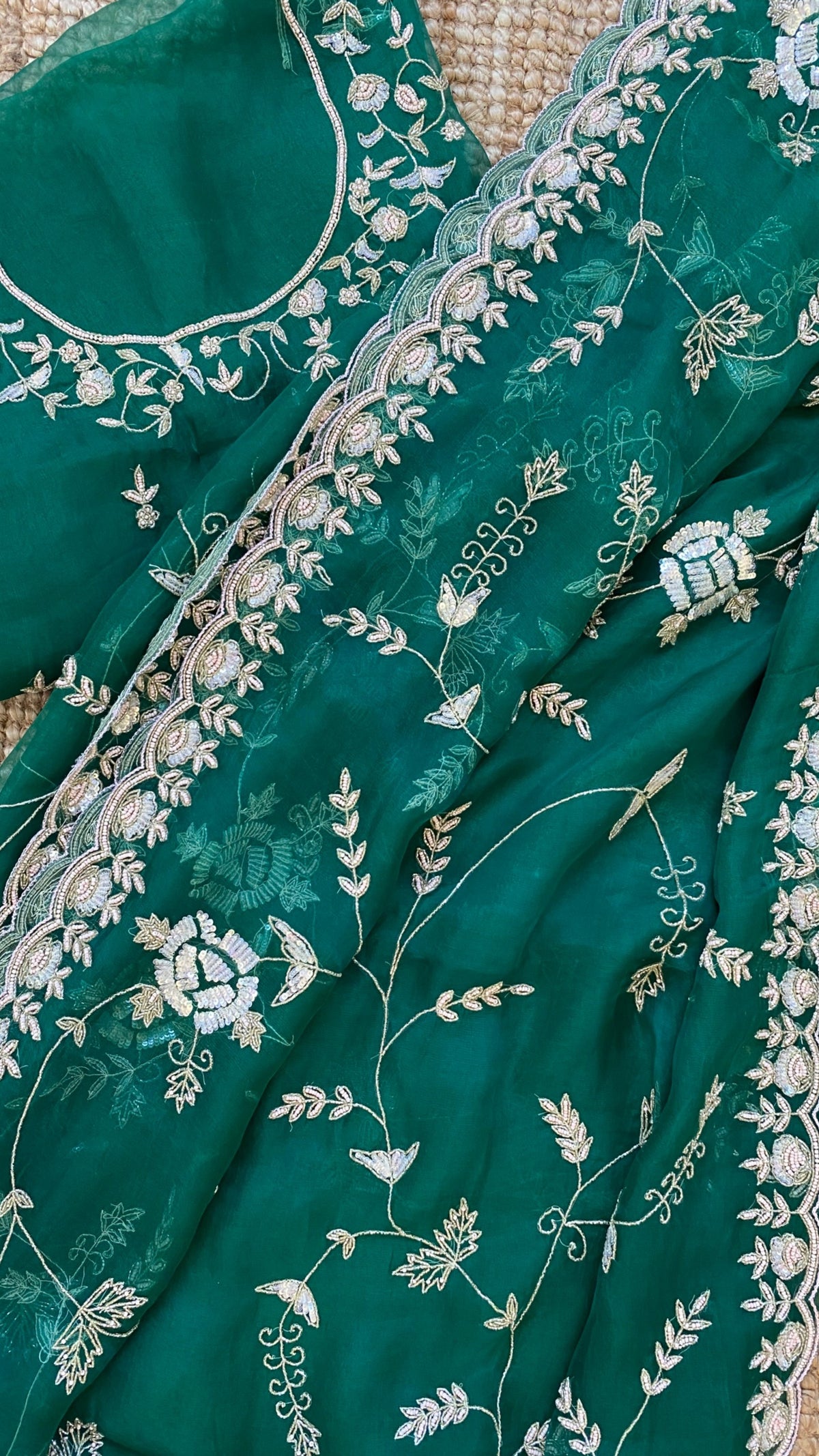 Emerald Green Tarika: Pure organza silk saree with cut dana and sequins hand embroidery - 1