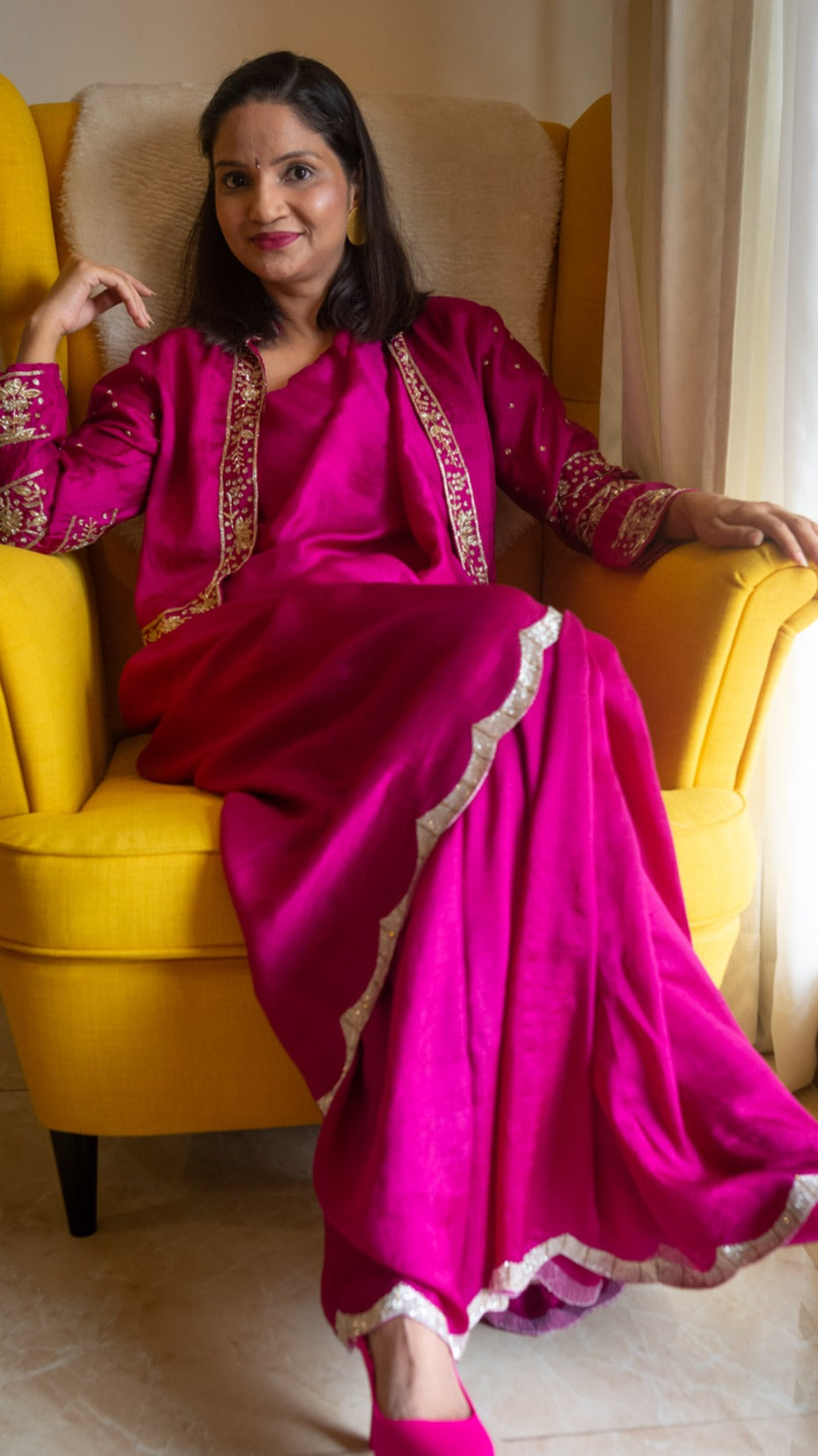 Rani Pink Crescent : Pure mulberry silk saree with cutdana hand embroidey - 1