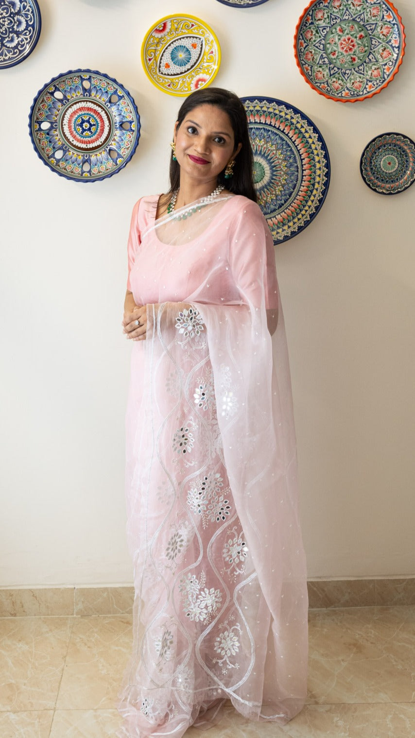 Arsi keya peach pink : Pure organza silk saree with mirror hand embroidery - 2