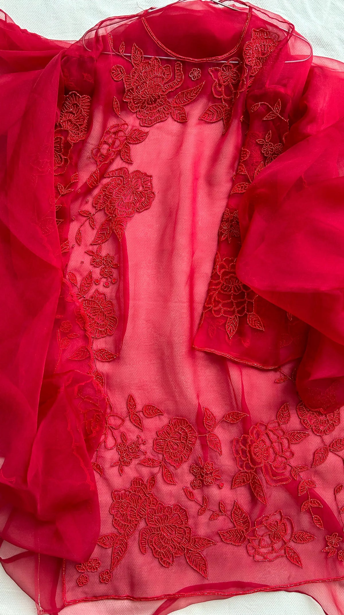 Red pure organza silk semi stitched kurta and dupatta set - 1