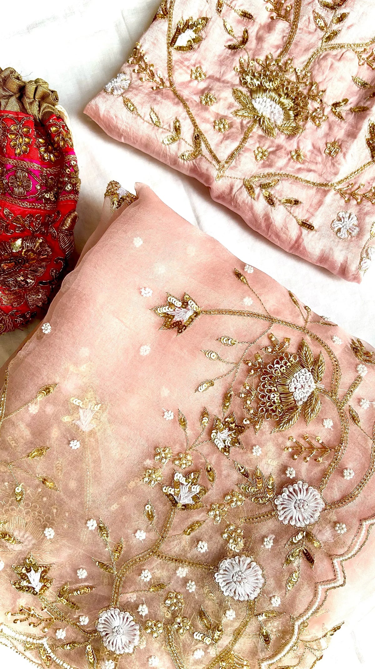 Peach pink pure organza silk saree with zardozi hand embroidery - 1