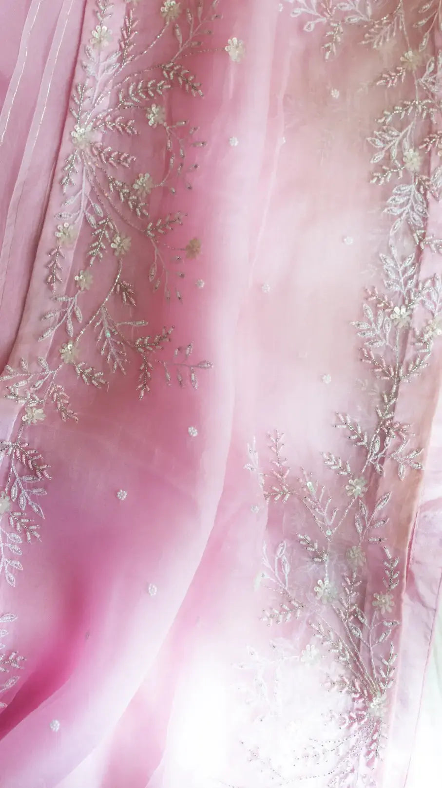 Marjaan saree: Pink pure organza silk saree with pearl and sequins hand embroidery - 2