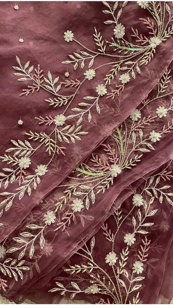 Mauve Marjaan : Pure organza silk saree with pearl and sequins hand embroidery. - 1