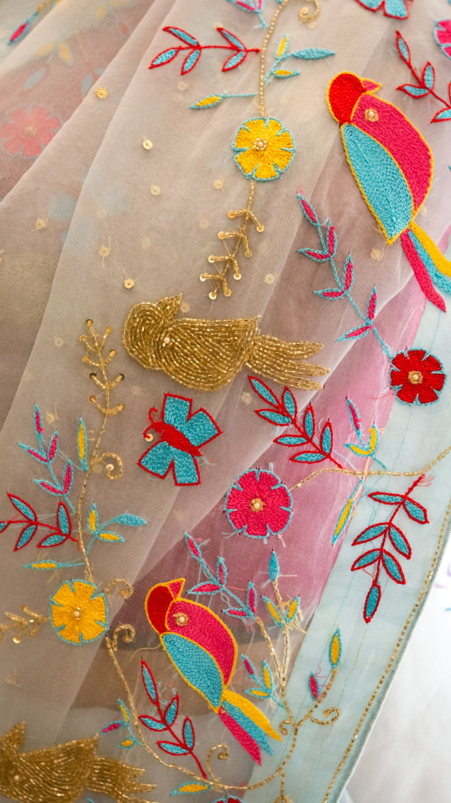 The Bird saree: Pure organza silk saree with cutdana and kashmiri hand embroidery - 2