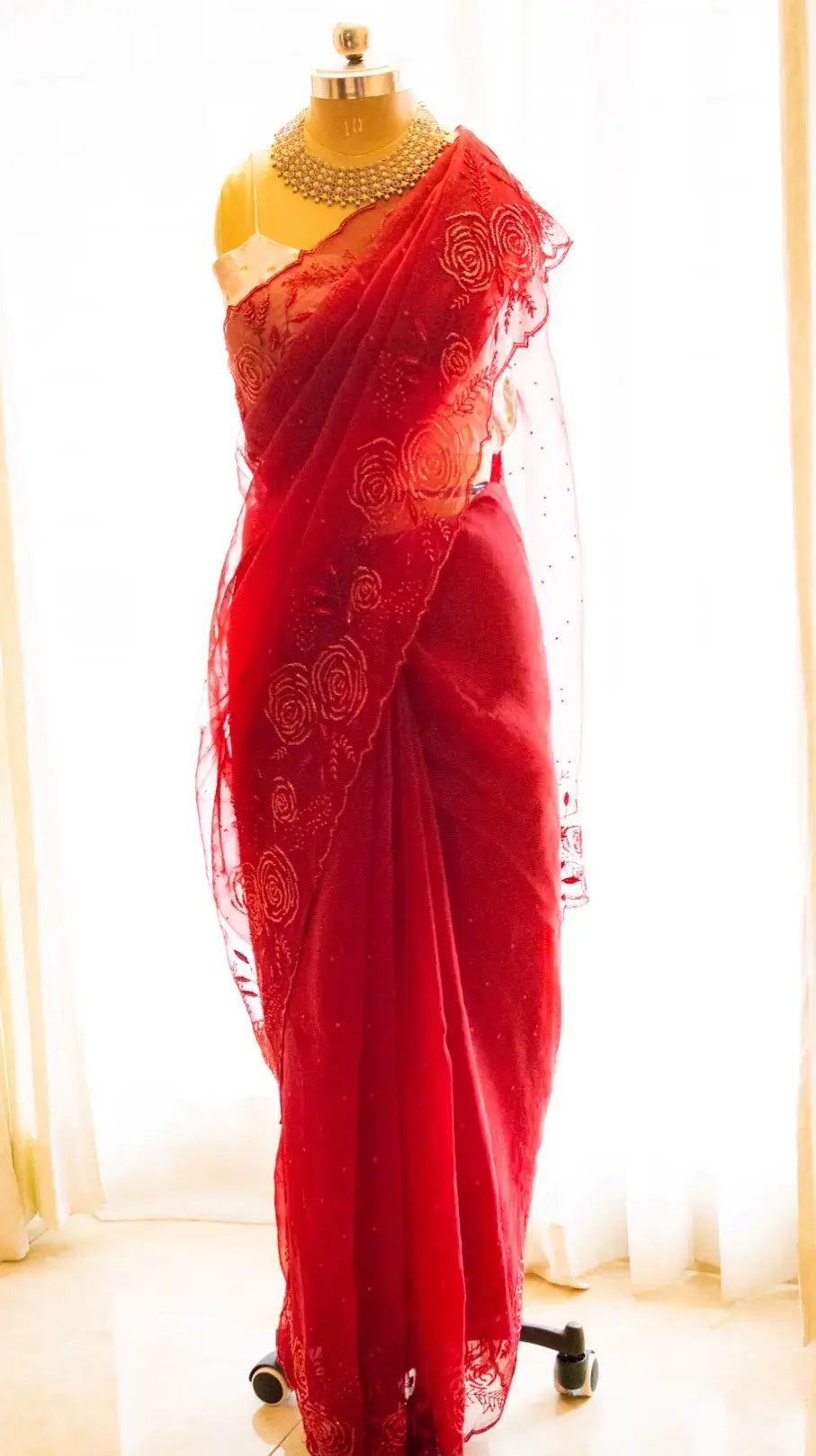 Red gulaab saree with cutdana and resham hand embroidery . - 3