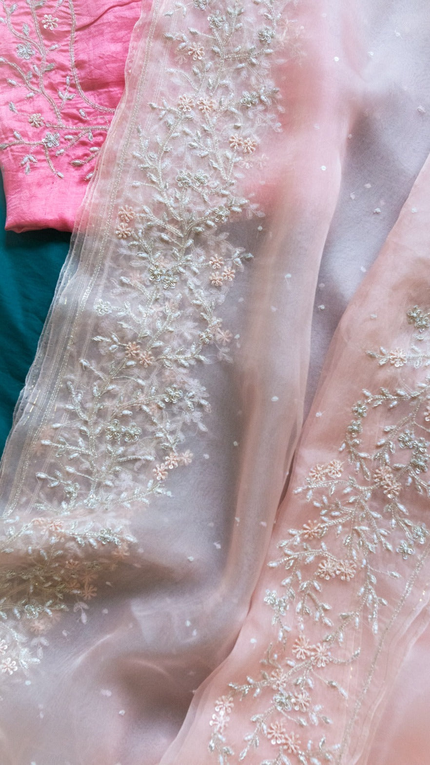 Peach Pink Ayana : Pure organza silk saree with zardozi pearl and french knots hand embroidery. - 1