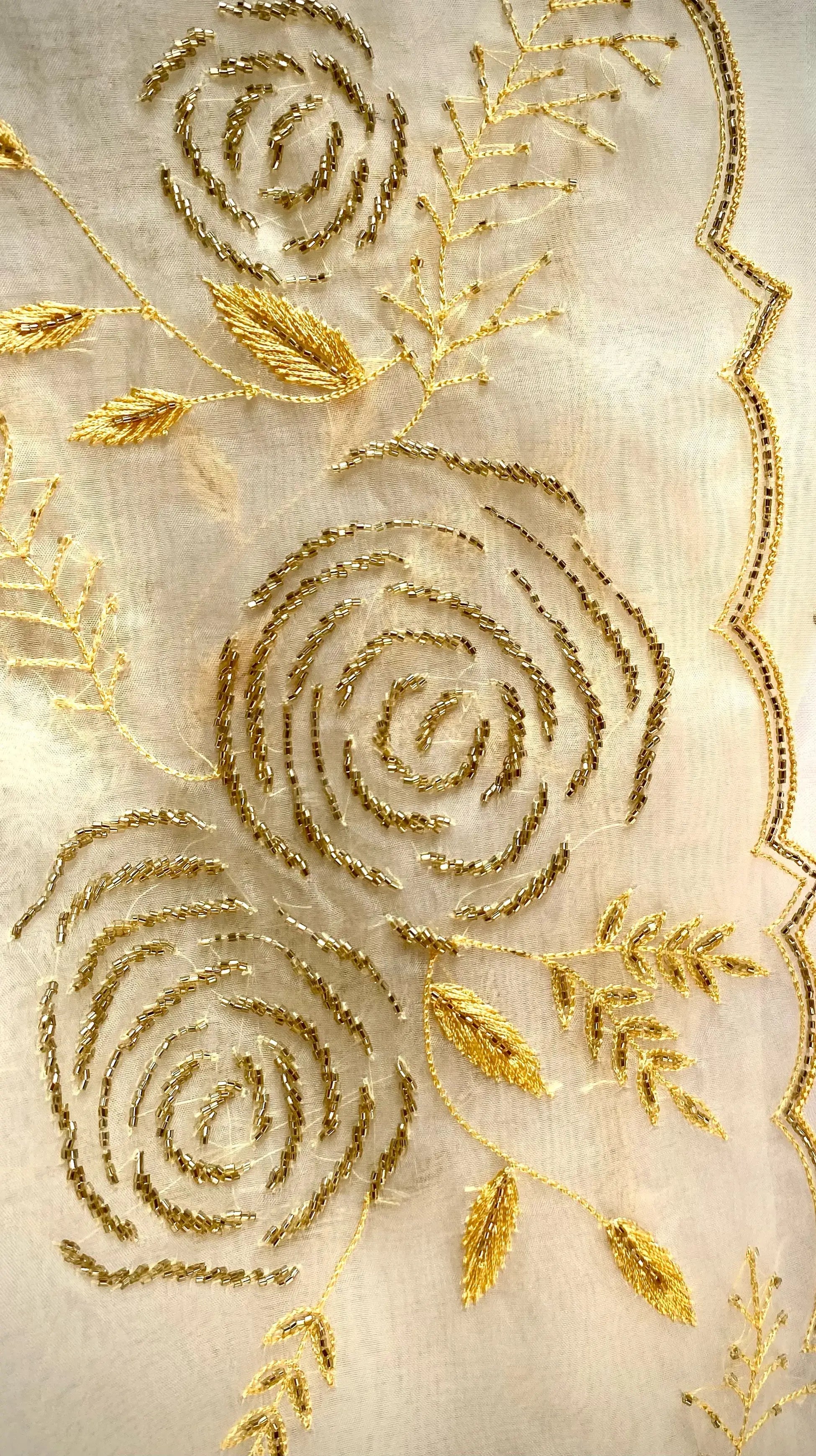 Gulaab saree : Off white pure organza silk saree with cutdana and resham hand embroidery - 1