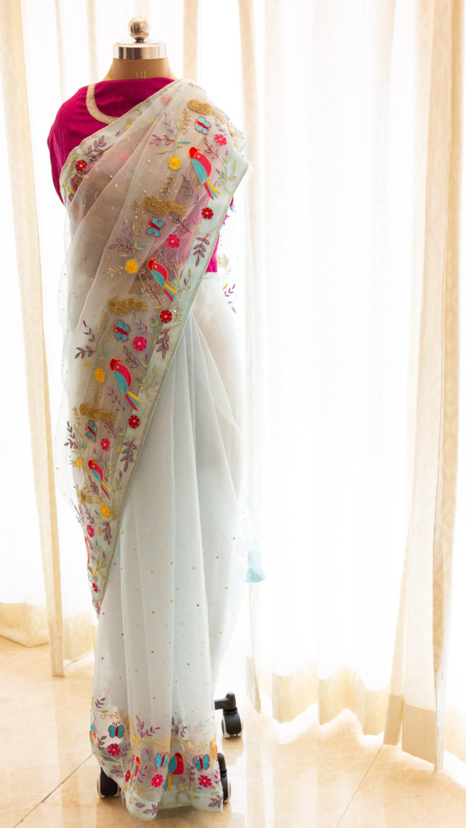 The Bird saree: Pure organza silk saree with cutdana and kashmiri hand embroidery - 3