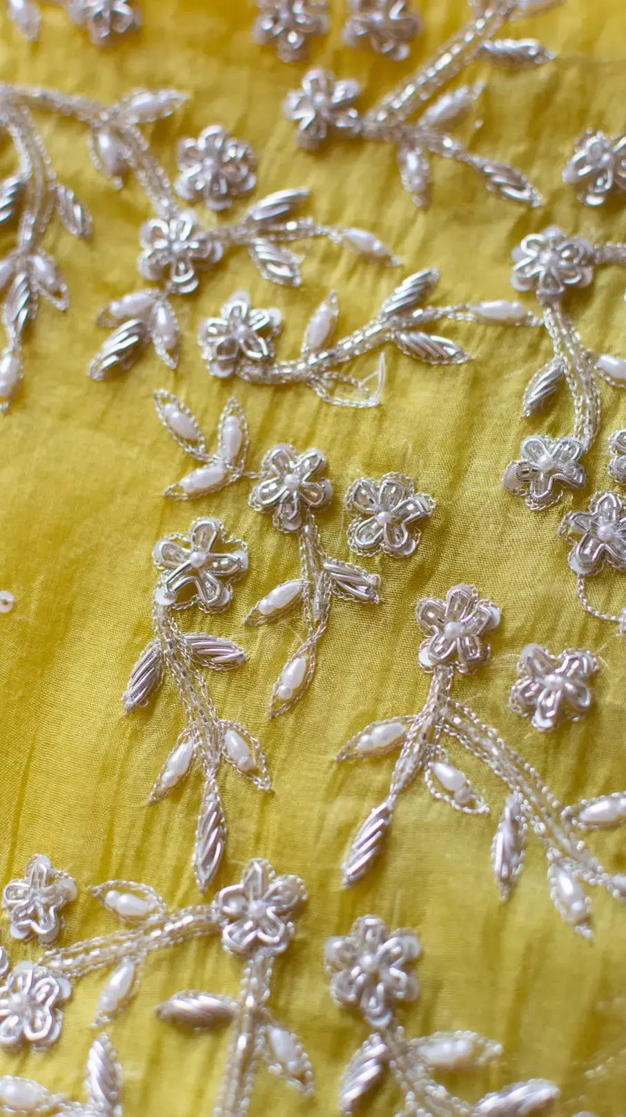 Ayana saree: Yellow pure organza silk saree with zardozi and pearl hand embroidery - 3