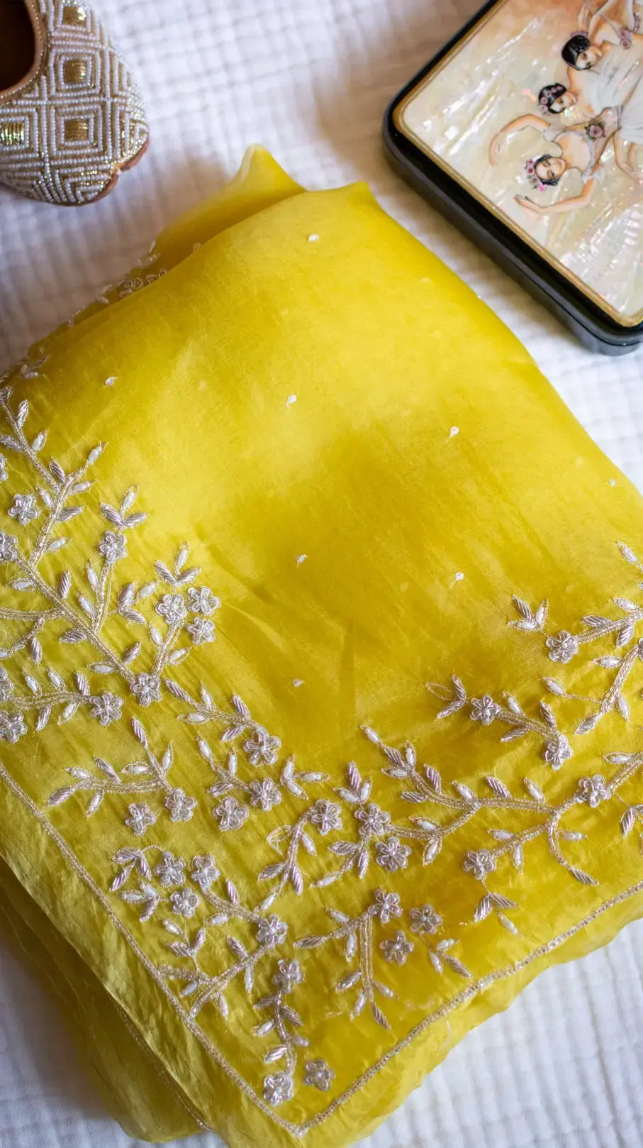 Ayana saree: Yellow pure organza silk saree with zardozi and pearl hand embroidery - 1