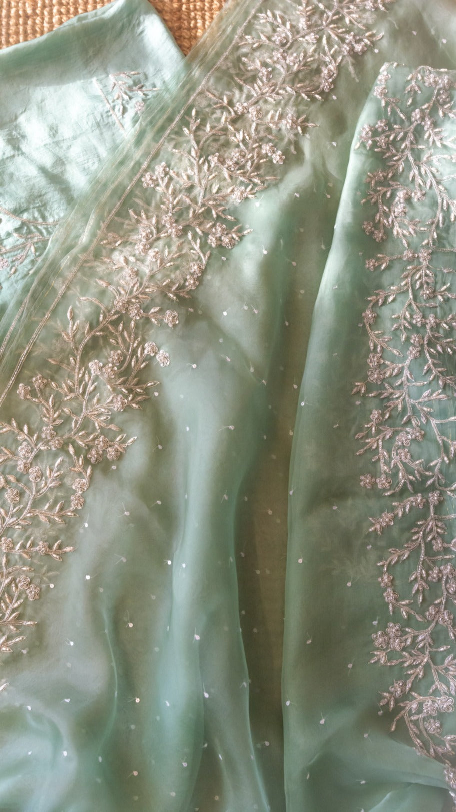 Minty Mint pure organza silk saree with zardozi small flower motif - 1
