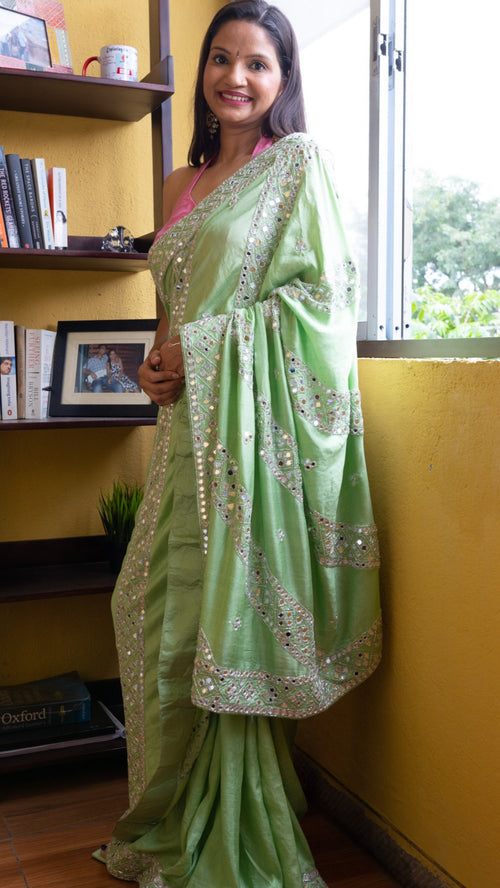 Aarsi Pista : Pure organza silk saree with mirror hand embroidery - 2