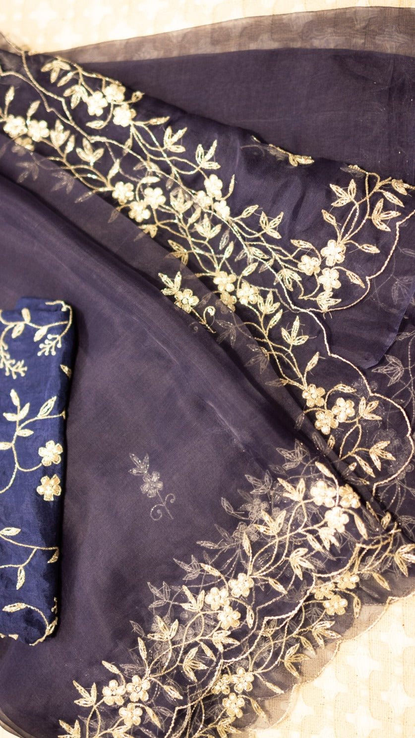 Starry Midnight pure organza silk saree with zardozi and cutdana hand embroidery - 2