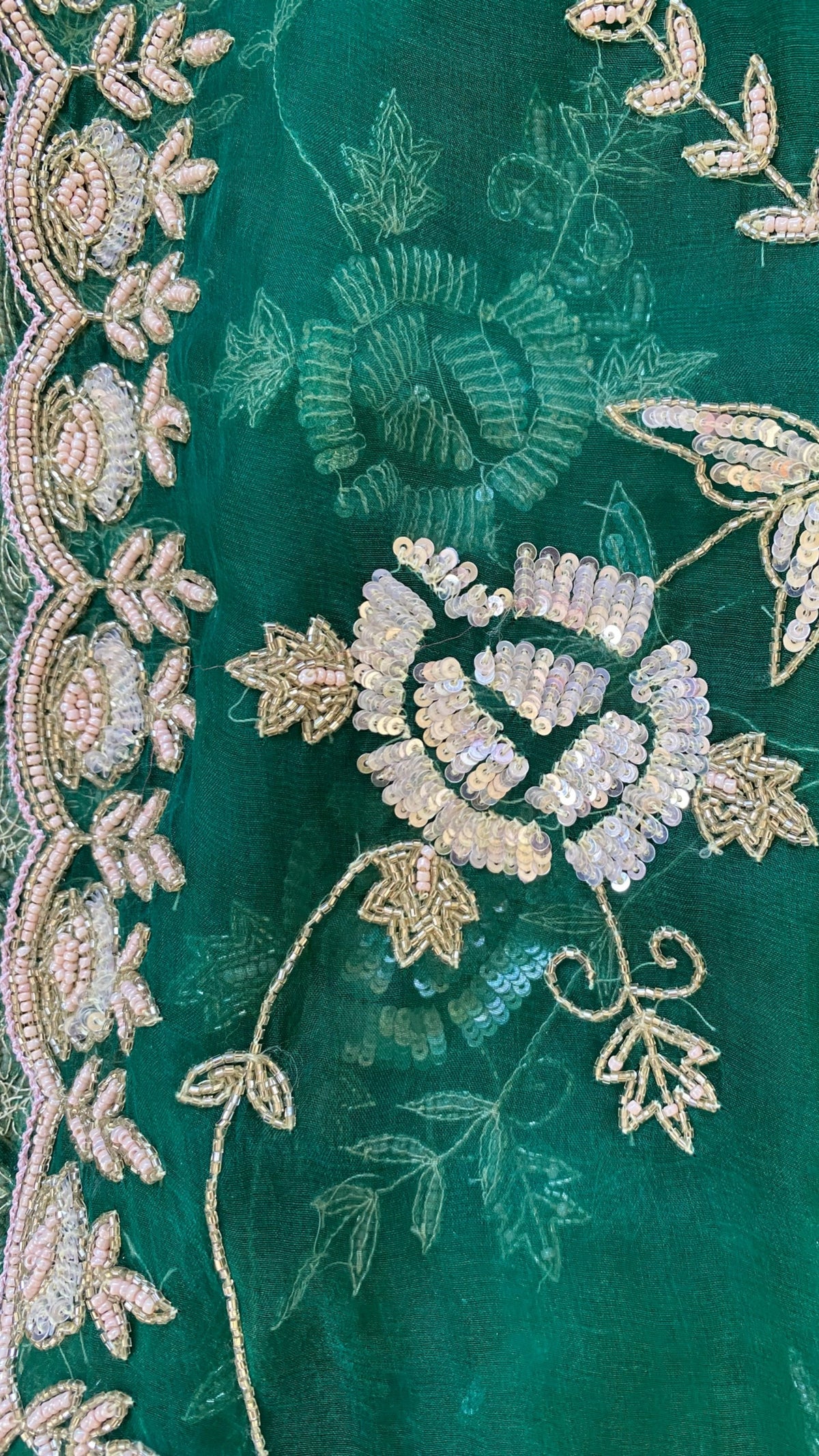 Emerald Green Tarika: Pure organza silk saree with cut dana and sequins hand embroidery - 3