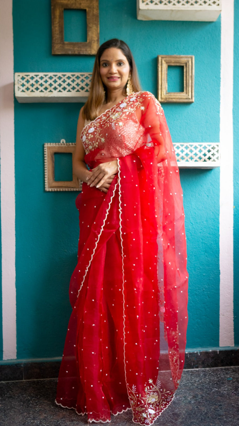 red khwabeeda saree : Pure organza silk saree with zardozi and resham hand embroidery - 4