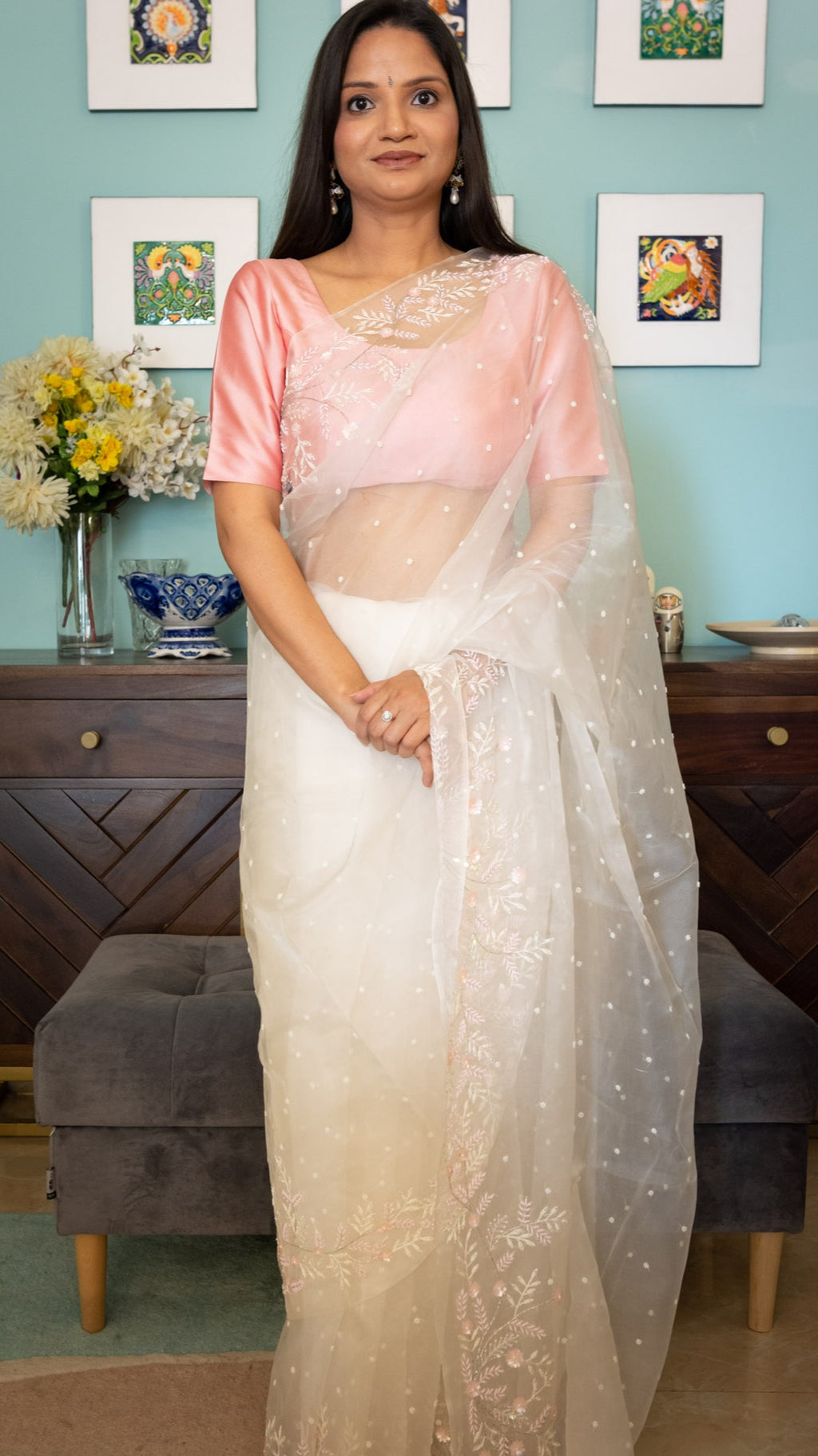 Off White Marjaan : Pure organza silk saree with pearl and sequins hand embroidery - 2