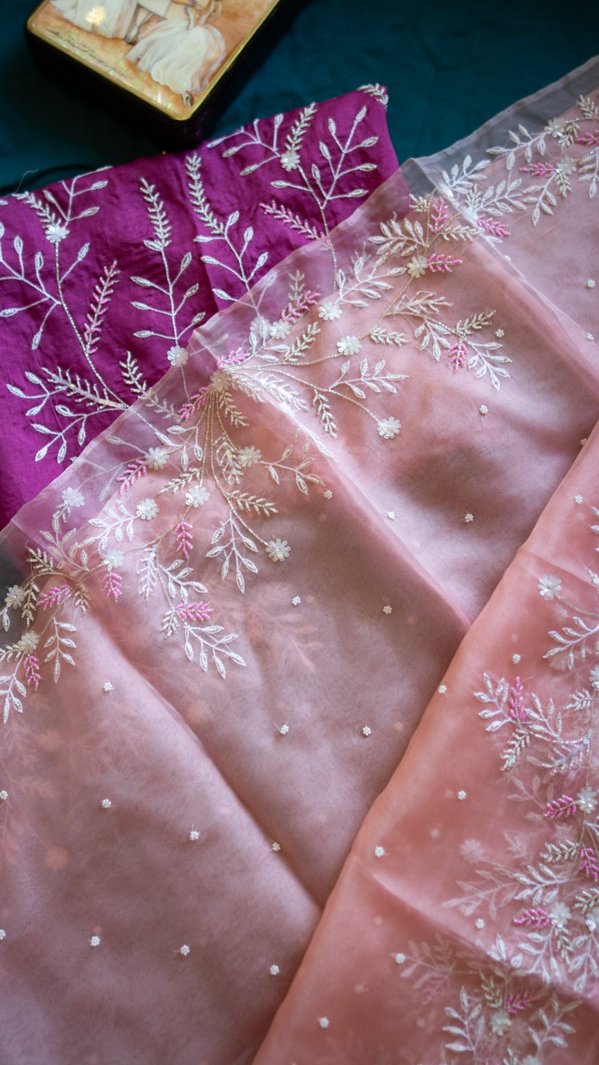Peach Marjaan : Pure organza silk saree with pearl and sequins hand embroidery - 1