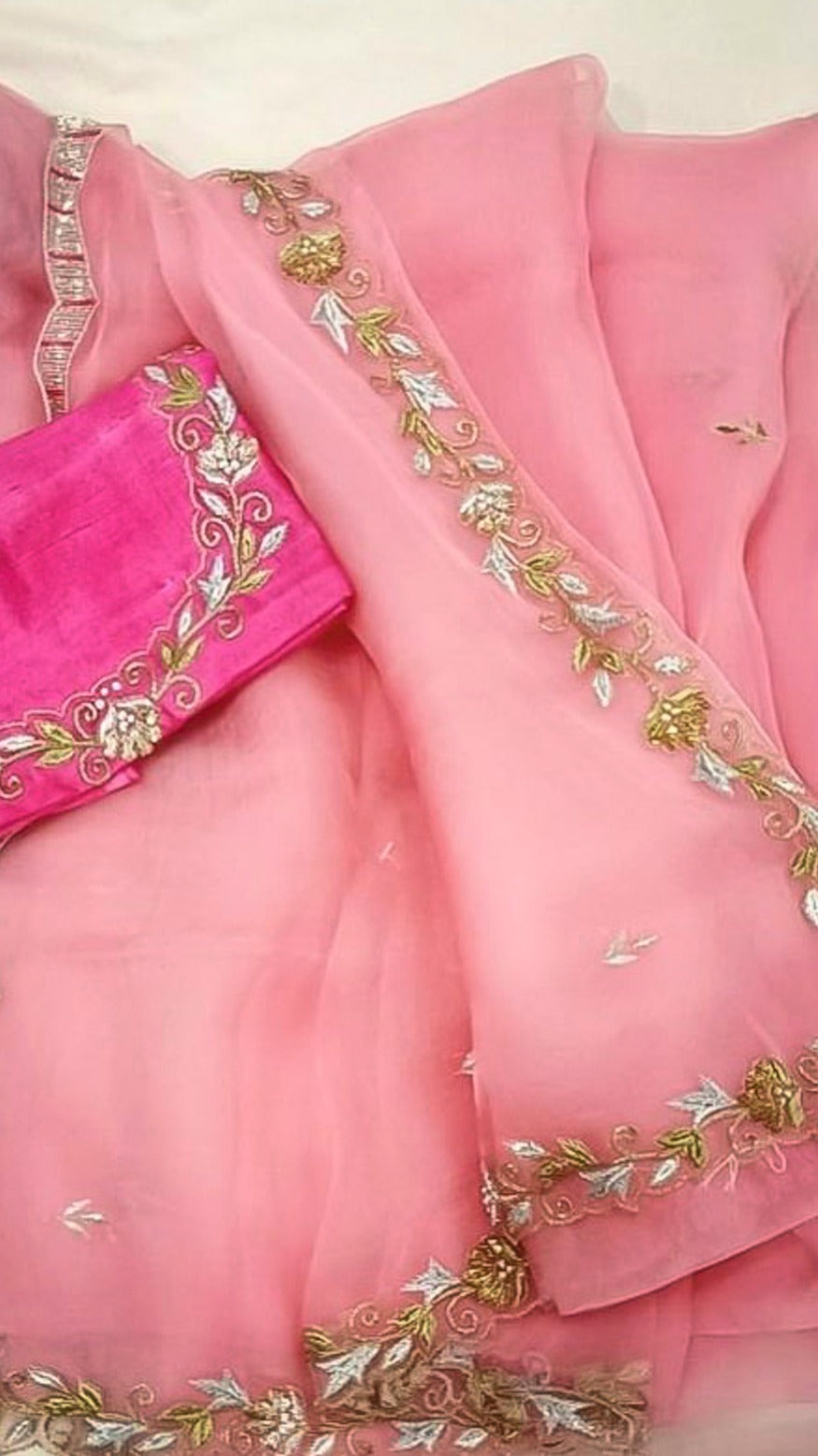 Peach Apala saree: Pure organza silk saree with zardozi hand embroidery - 2