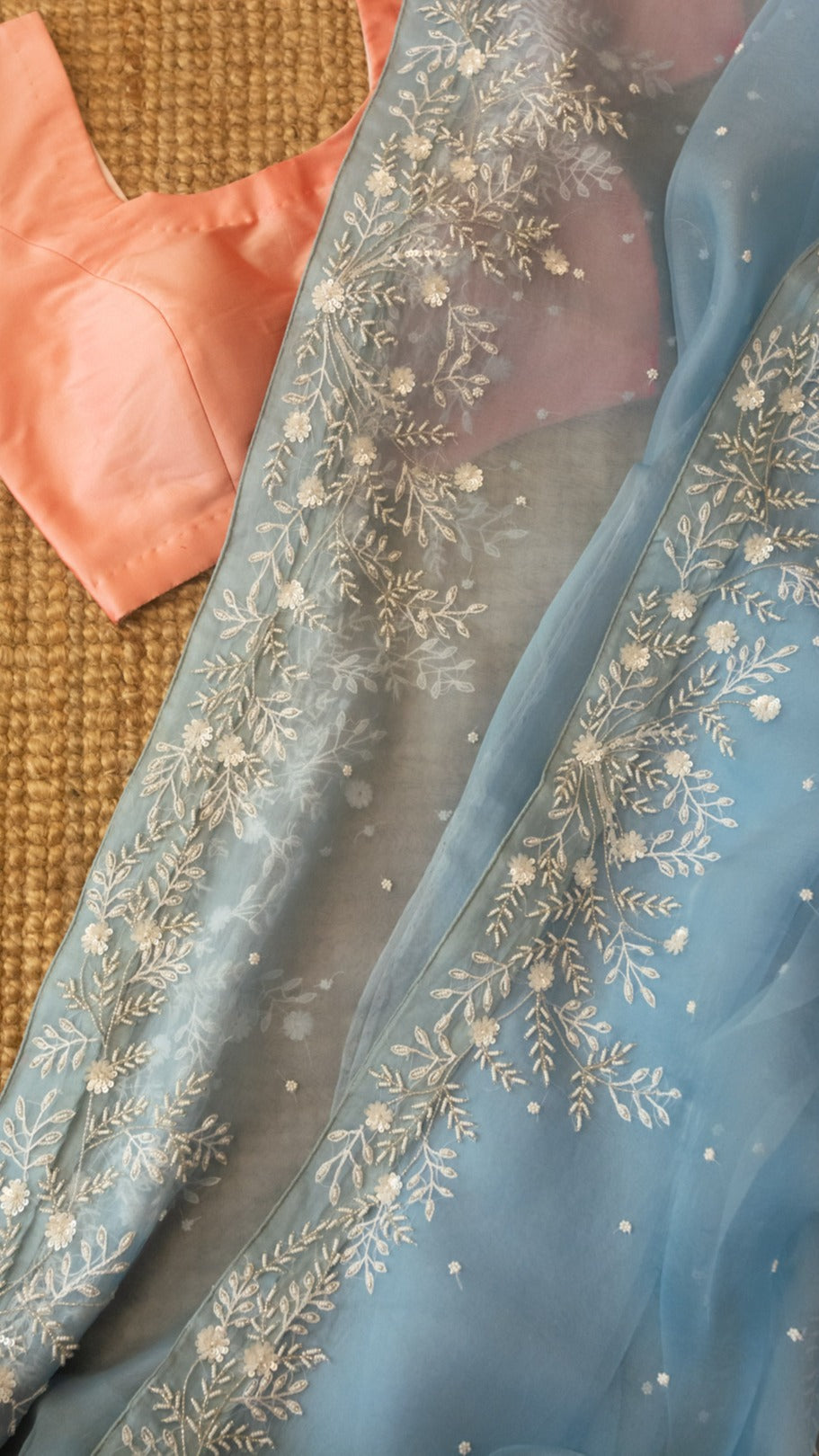 Opal saree: Pure organza silk saree with pearl and sequins hand embroidery - 1