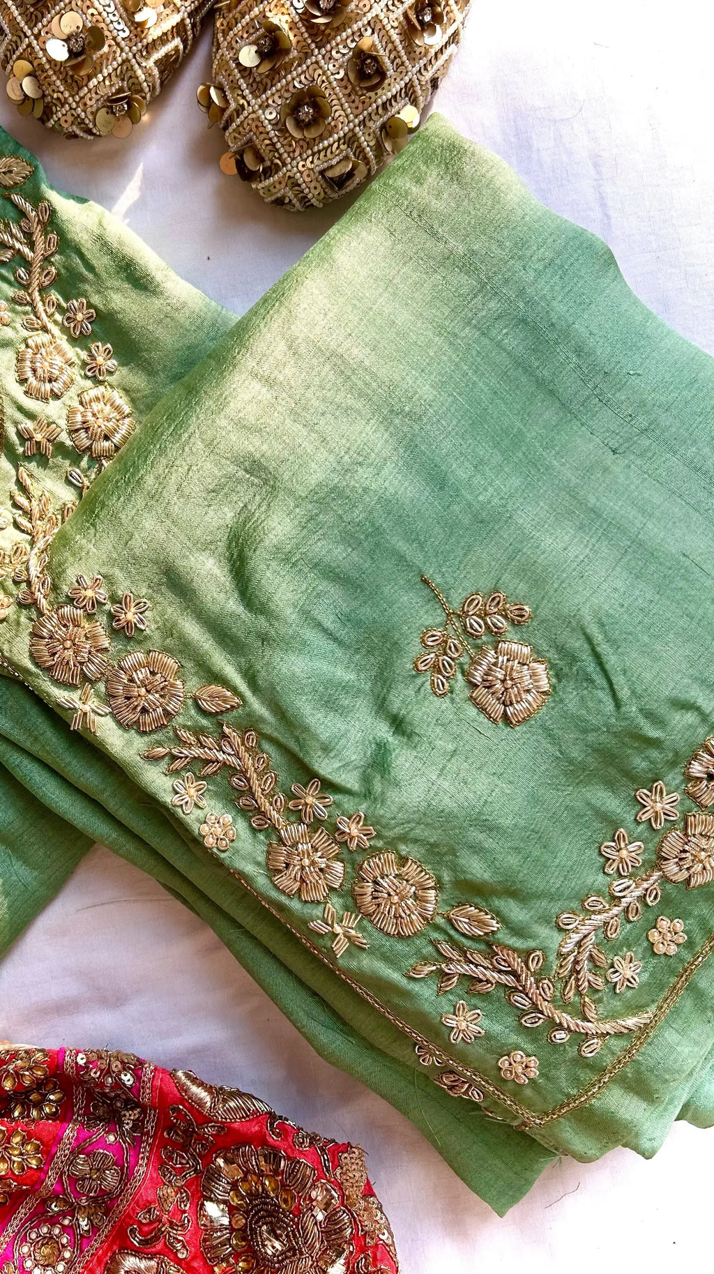 Sage green pure mulberry silk saree with zardozi hand embroidery - 3