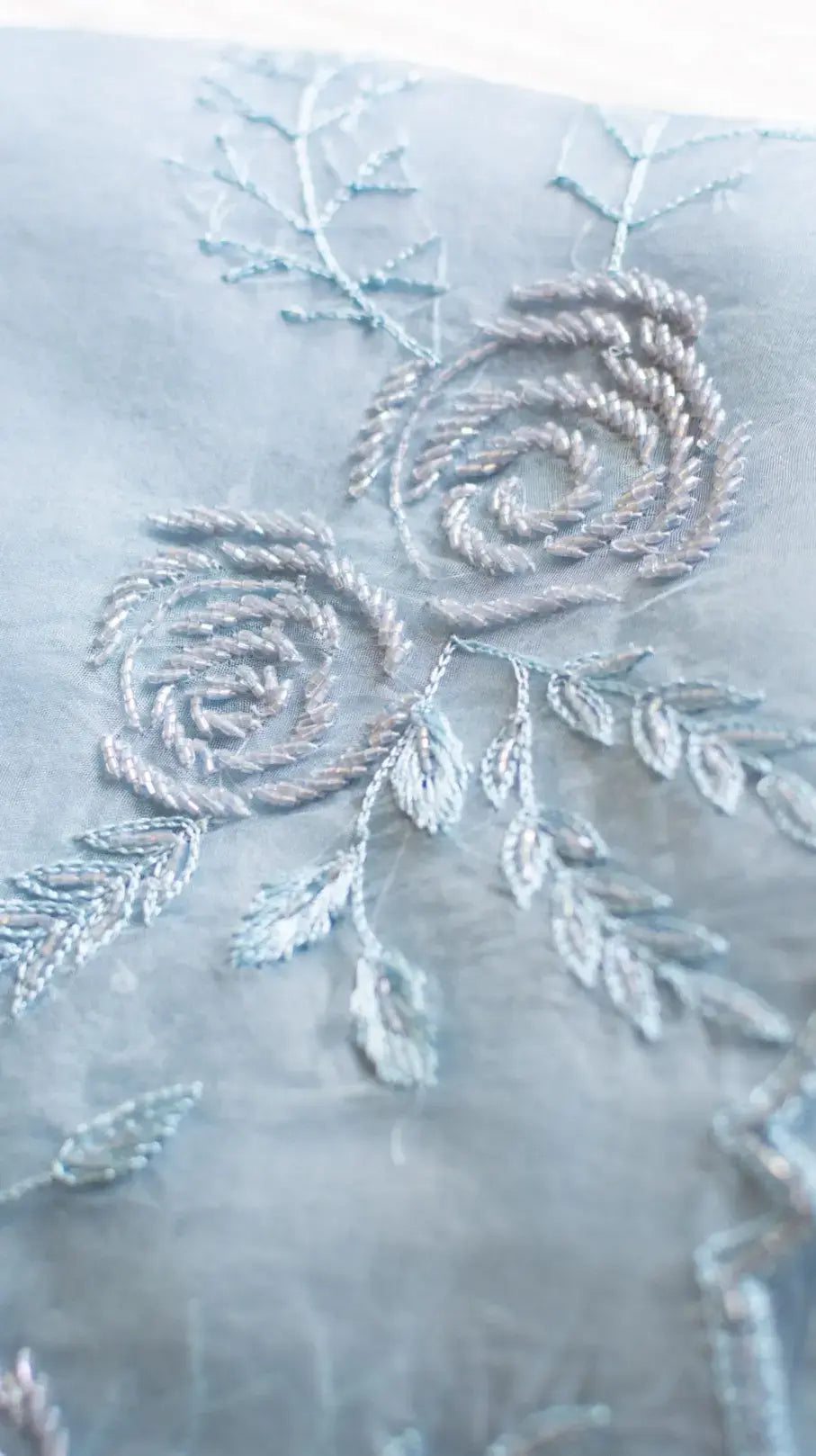 Ice blue gulaab saree : Pure organza silk saree with cutdana and resham hand embroidery . - 3