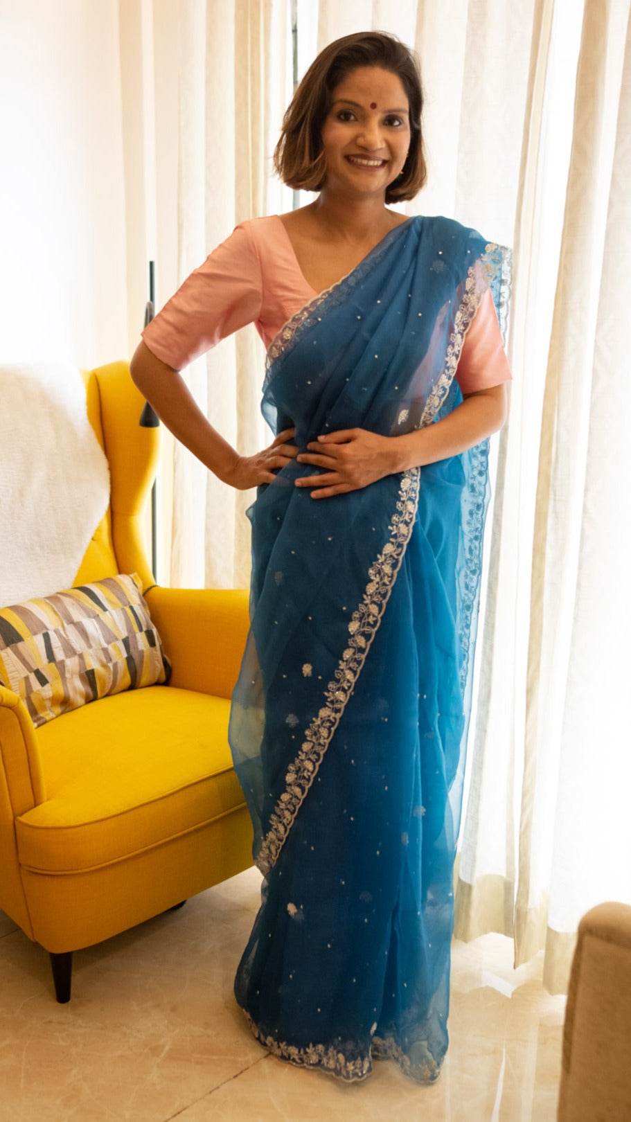 Pure organza sik saree with cutdana and zari kasab hand embroidery - 3