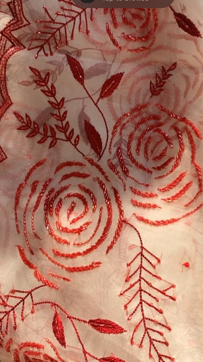 Lal Gulaab : Pure organza silk saree with cutdana and resham hand embroidery - 3