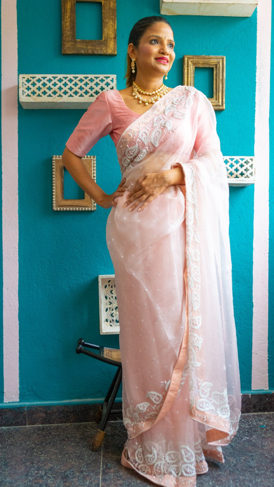 Peachy Kairi : The pure organza silk saree with pearl and cutdana hand embroidery - 3