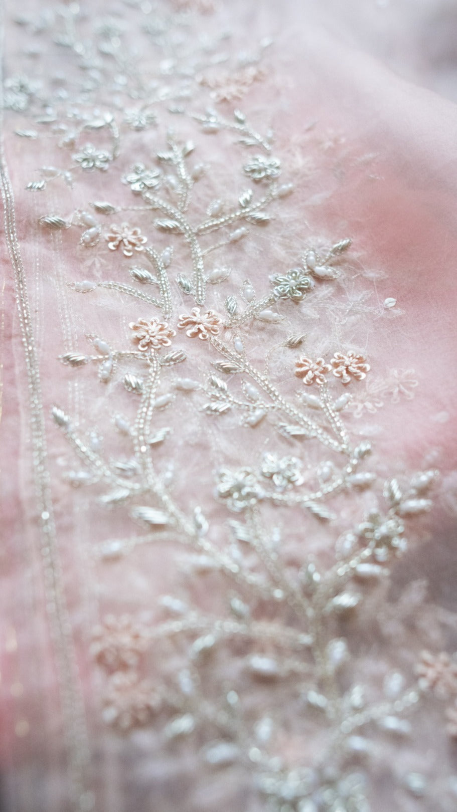 Peach Pink Ayana : Pure organza silk saree with zardozi pearl and french knots hand embroidery. - 2
