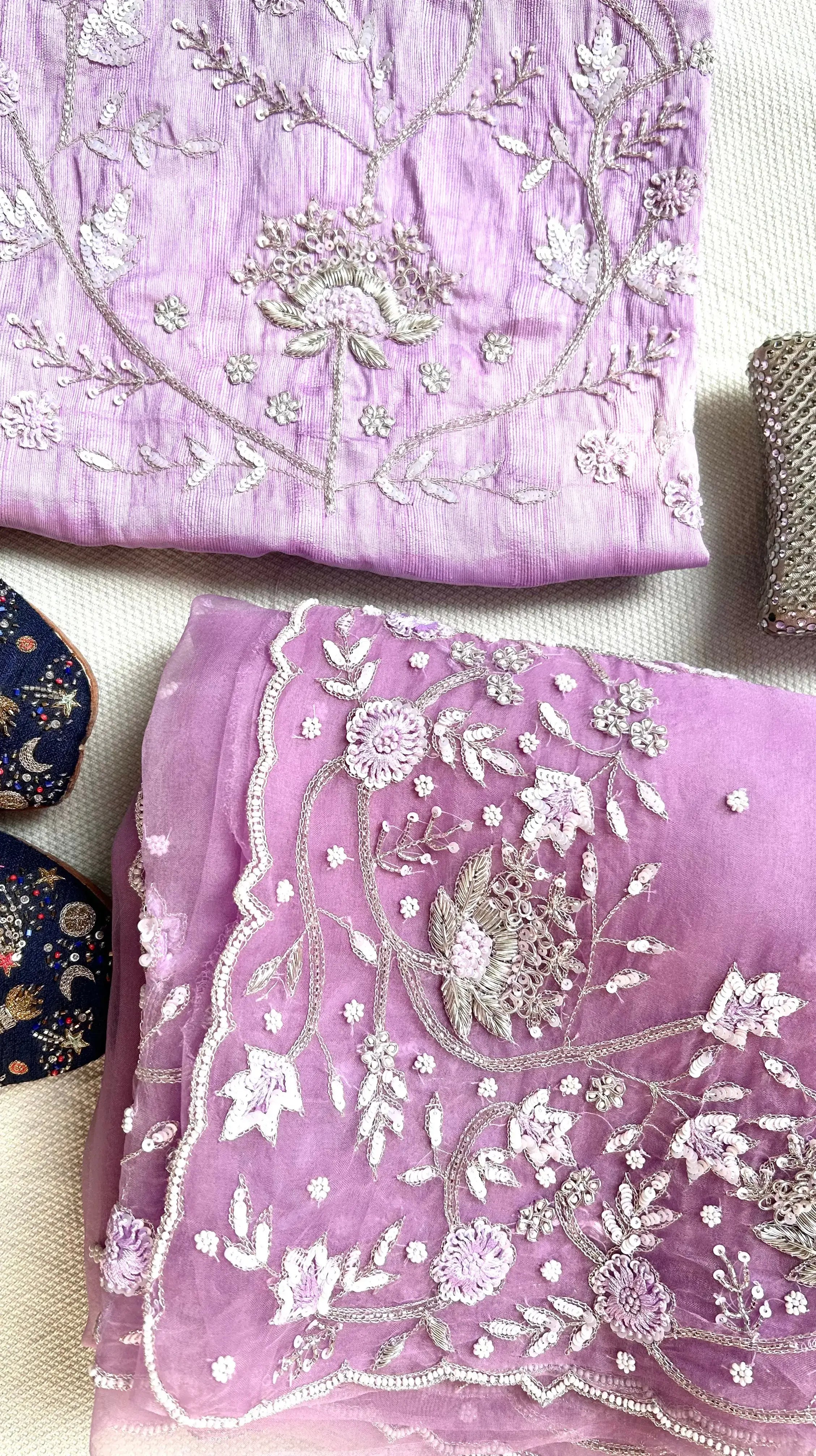 Lilac pure organza silk saree with zardozi hand embroidery - 2