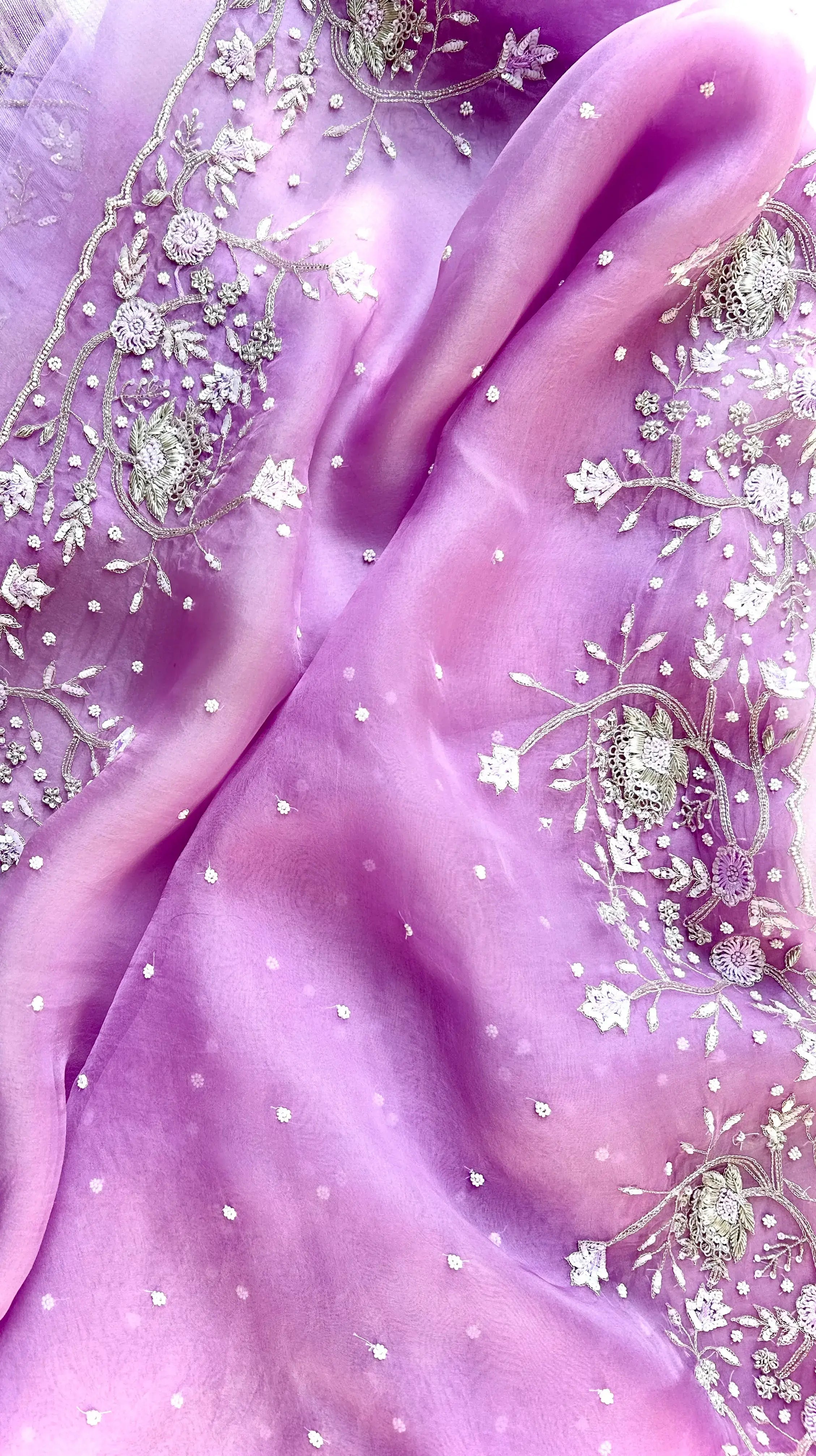 Lilac pure organza silk saree with zardozi hand embroidery - 1