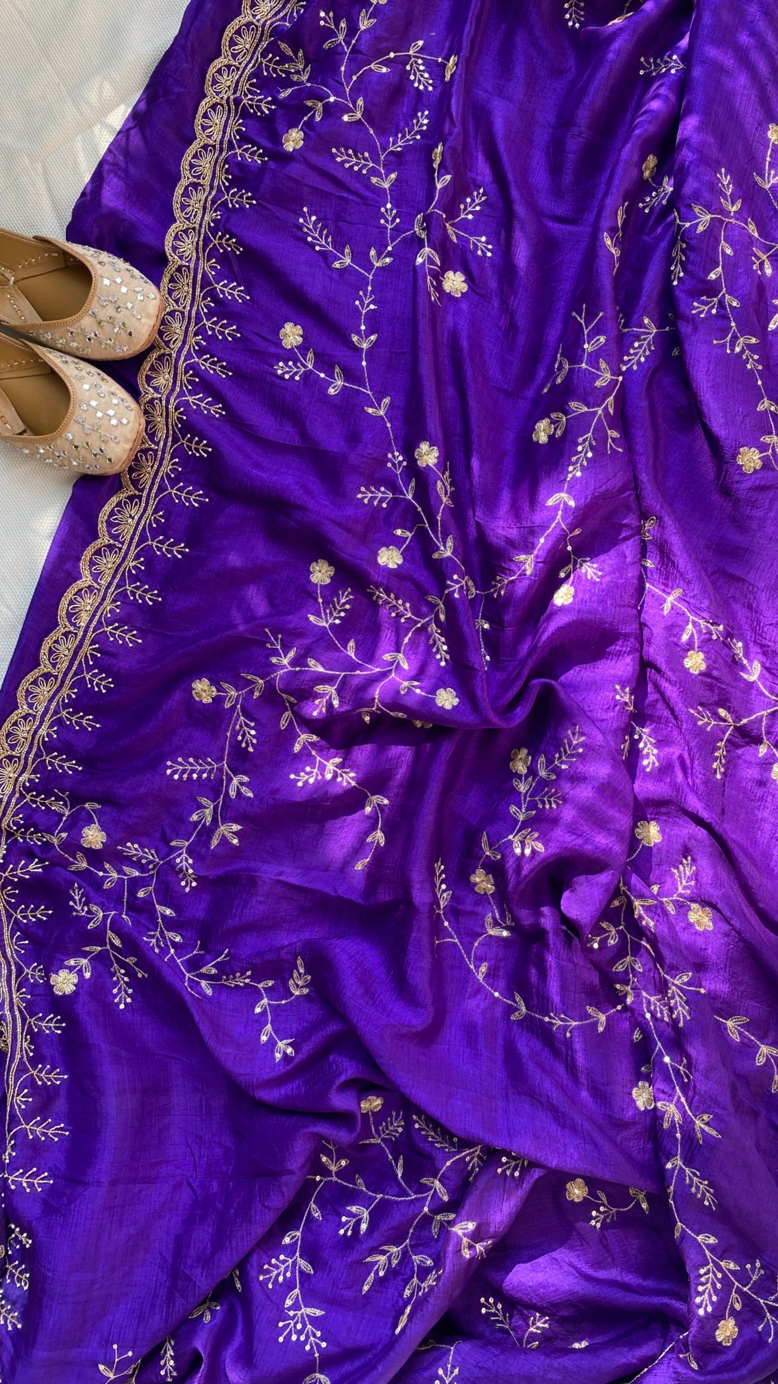 Purple Jaal: Pure mulberry silk saree with Aari all over hand embroidery - 1