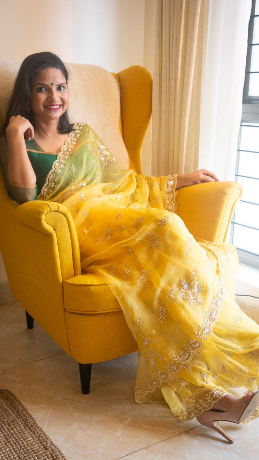 Marigold tarika : Pure organza silk saree with cutdana and sequins all over jaal hand embroidery - 2