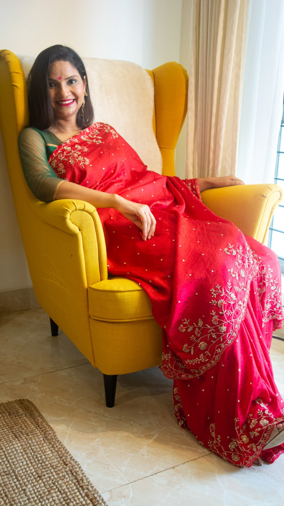 Sindoori: Pure mulberry silk saree with cutdana and resham hand embroidery - 3