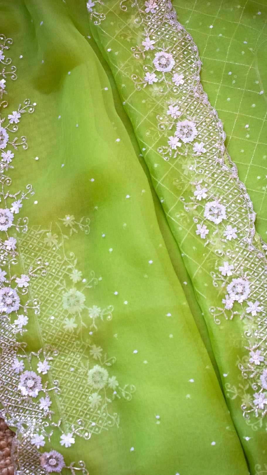 Neon green pure organza silk saree with sequins cutdana and pearl hand embroidery - 1