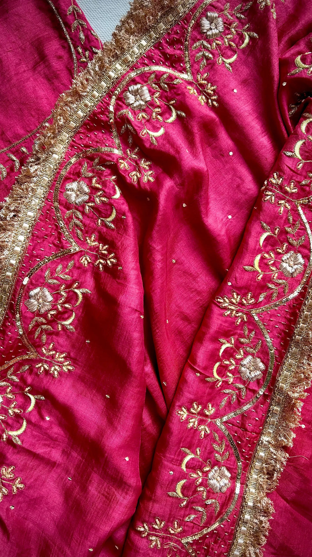The rouge pink pure mulberry silk saree with zardozi and aari hand embroidery. - 1