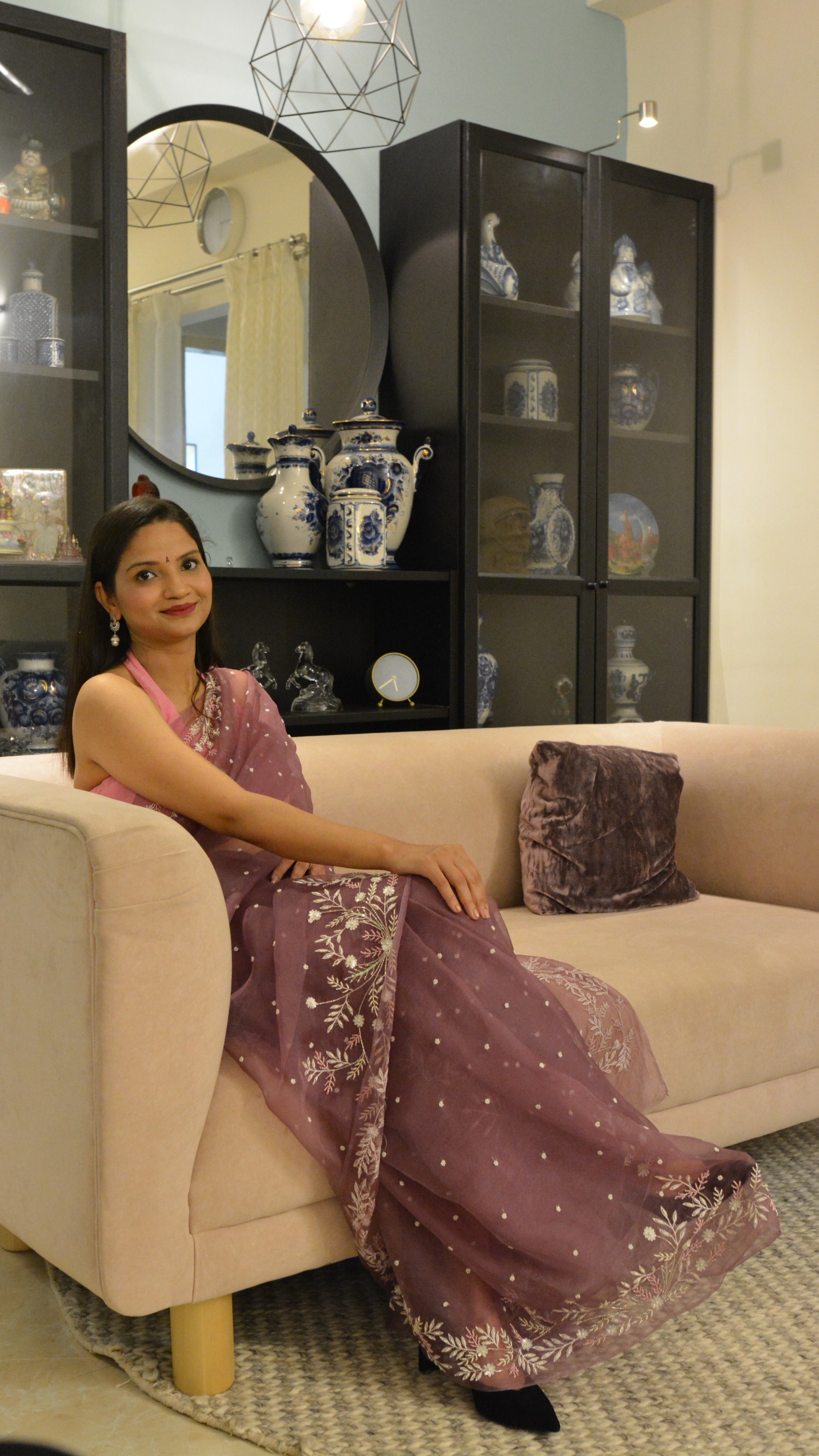 Mauve Marjaan : Pure organza silk saree with pearl and sequins hand embroidery. - 3