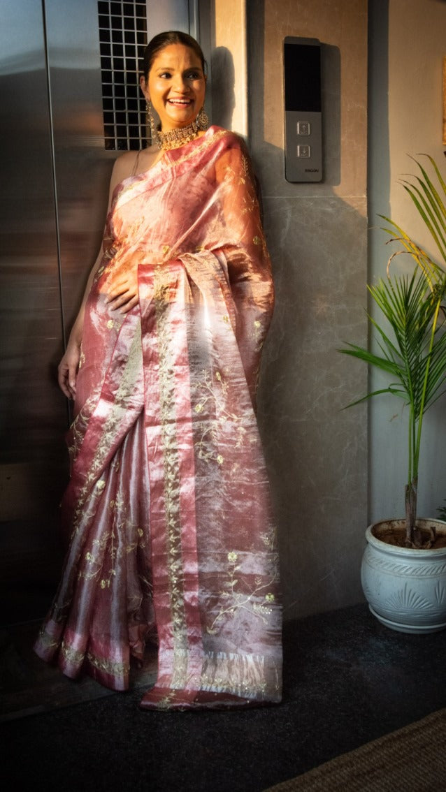 Pink Tissue: Pure tissue silk saree with Aari and Zardozi hand embroidery - 2