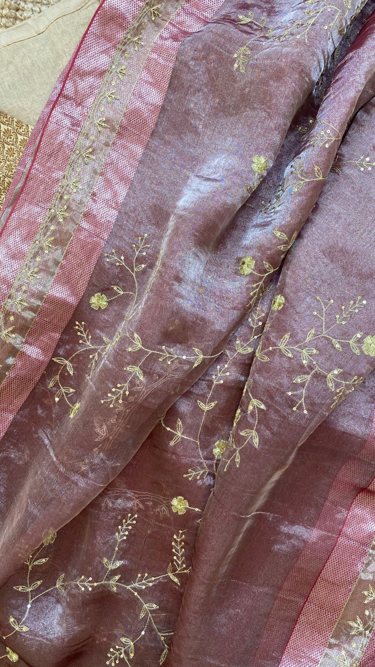 Pink Tissue: Pure tissue silk saree with Aari and Zardozi hand embroidery - 1