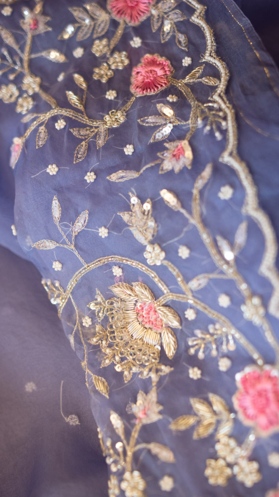 Perwinkle Sadabahar : Pure organza silk saree with zardozi and resham hand embroidery - 2
