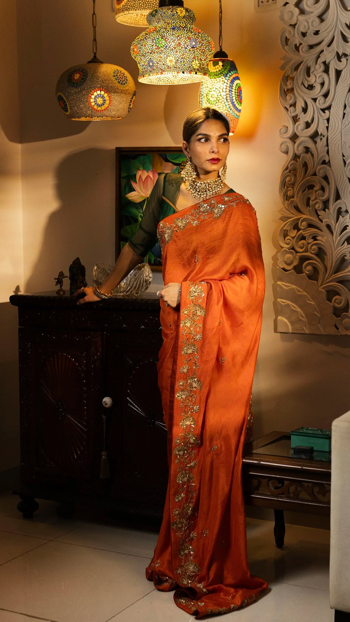 Rust orange zardozi Saree - 1